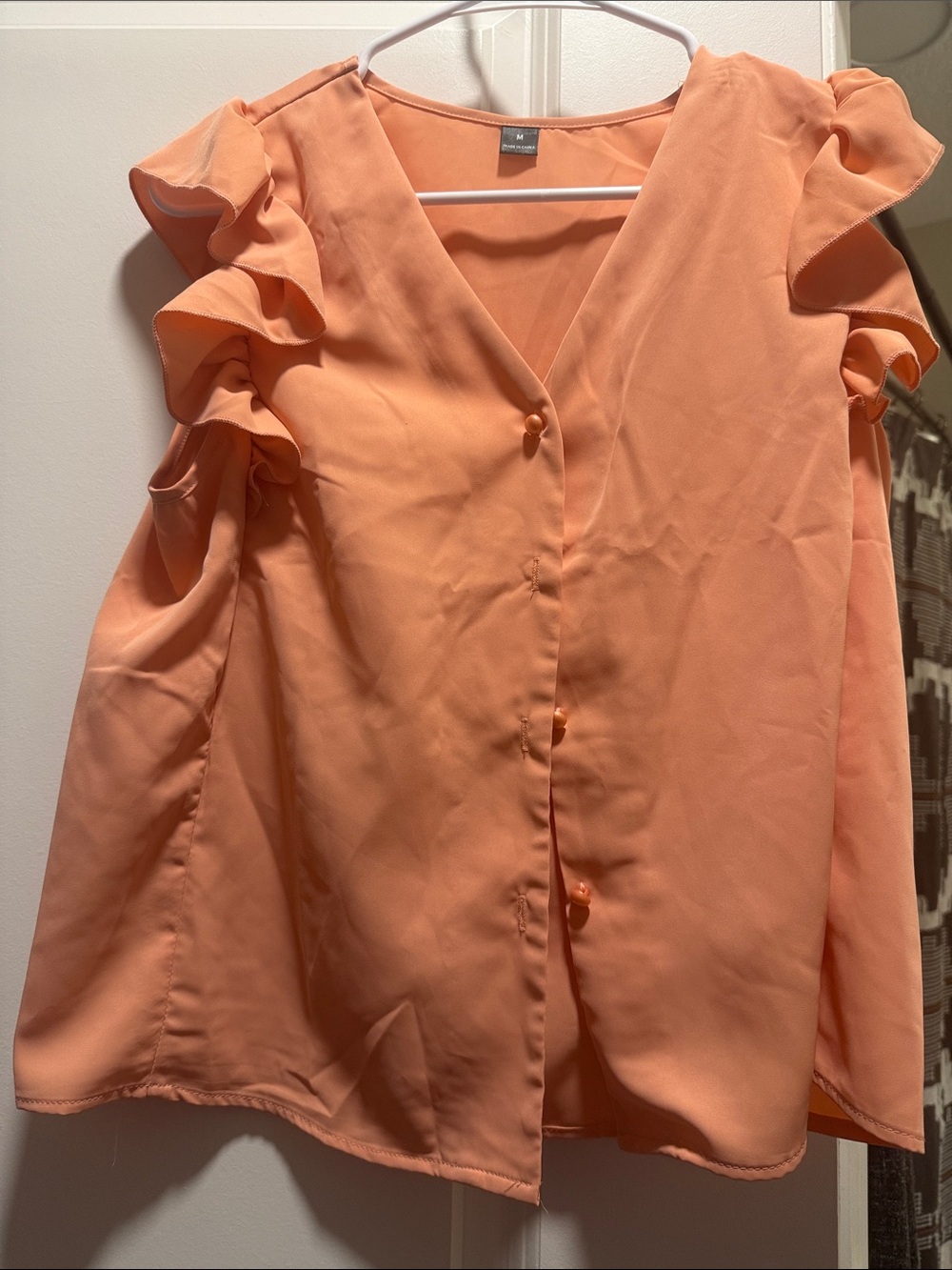 SHEIN Peach Ruffle Sleeve V-Neck Button Blouse